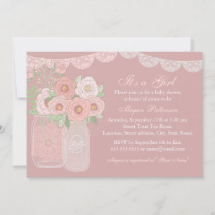 Invitation Sweet Peach & Pink Mason Jar Baby shower Invitatio