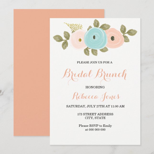Invitation Sweet Peach Turquoise Floral Bridal Brunch Invitat (Devant / Derrière)