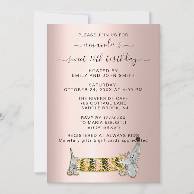 Invitation Sweet Pet Basset Rose Robe Douce 16e anniversaire (Devant)