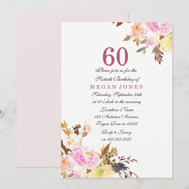 Invitation Sweet Pink Floral Script 60e anniversaire Invitati (Devant / Derrière)