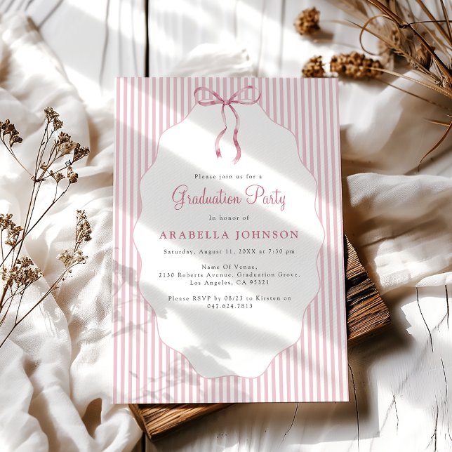 Invitation Sweet Pinstriped Pink Bow Graduation (Créateur téléchargé)