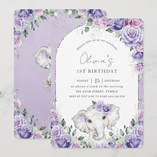 Invitation Sweet Purple Lilac Floral Elephant fête d'annivers (Devant / Derrière)