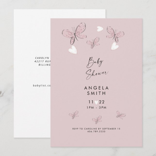 Invitation Sweet Rose Coeurs & Papillons Baby Girl Douche (Devant / Derrière)