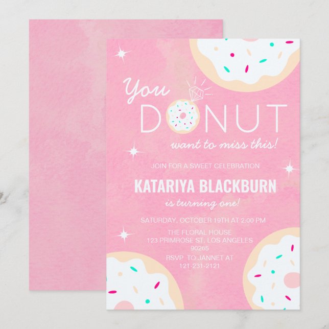 Invitation Sweet Rose Girl Anniversaire - Donut Miss Cette Fê (Devant / Derrière)