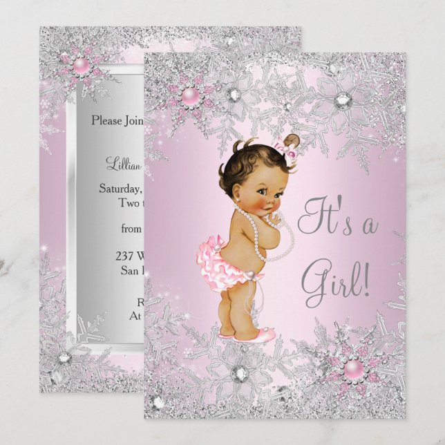 Invitation Sweet Rose Girl Baby shower Flamme de neige hiver (Devant / Derrière)