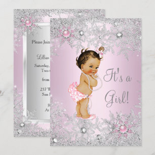 Invitation Sweet Rose Girl Baby shower Flamme de neige hiver