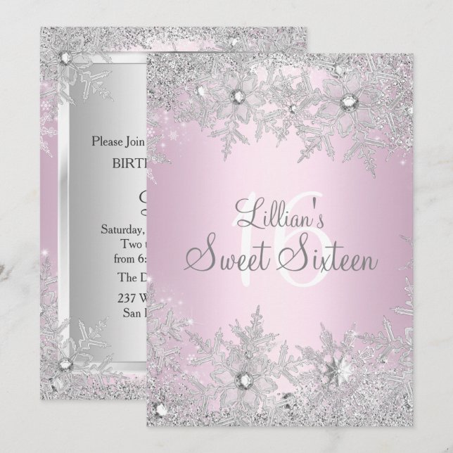 Invitation Sweet Rose Sweet 16 Snowflake Winter Wonderland (Devant / Derrière)