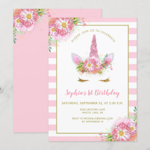 Invitation Sweet Rose Unicorn Visage Fille Anniversaire