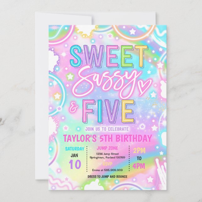Invitation Sweet Sassy And Five Neon Rainbow 5th Birthday (Devant)