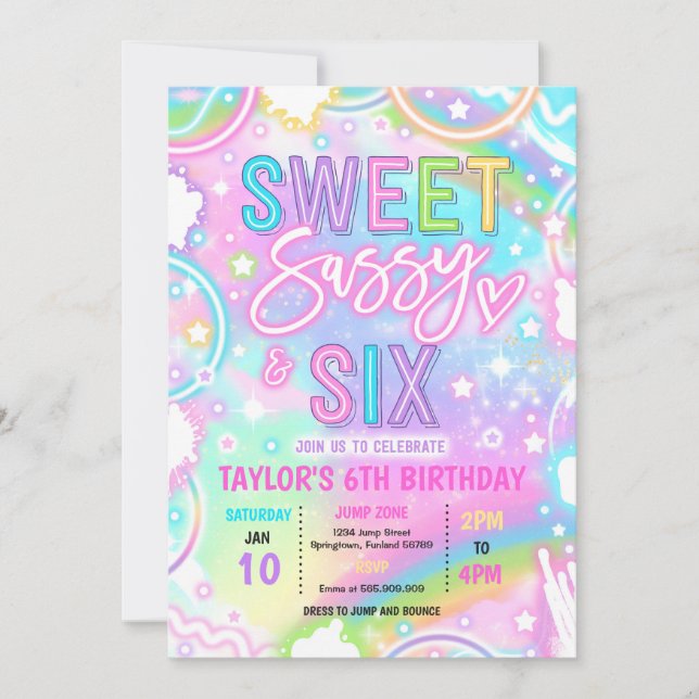 Invitation Sweet Sassy And Six Neon Rainbow 6th Birthday (Devant)