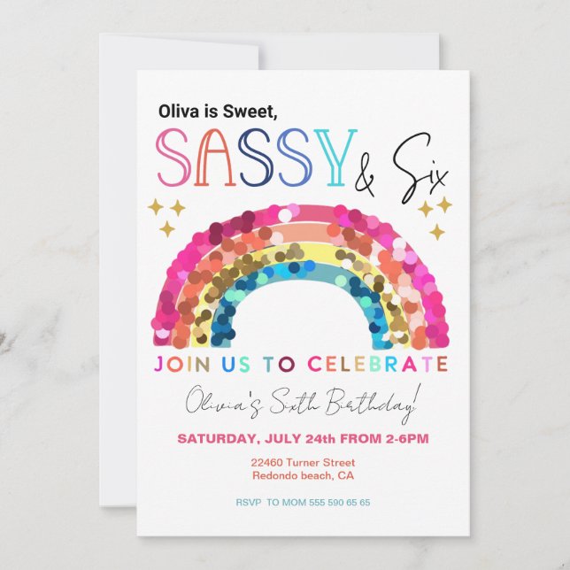 Invitation Sweet Sassy and six Rainbow magical 6th birthday (Devant)