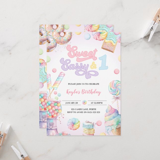 Invitation Sweet Sassy et One Pastel Candy premier anniversai (Devant/Arrière en situation)
