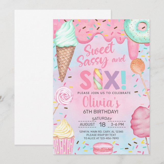 Invitation Sweet sassy et six filles 6ème anniversaire invita (Devant / Derrière)