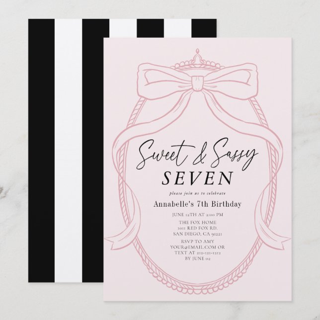 Invitation Sweet & Sassy Rose Tiara & Bow Girl Anniversaire (Devant / Derrière)