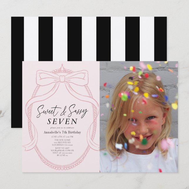 Invitation Sweet & Sassy rose Tiara & Bow Girl Photo Annivers (Devant / Derrière)