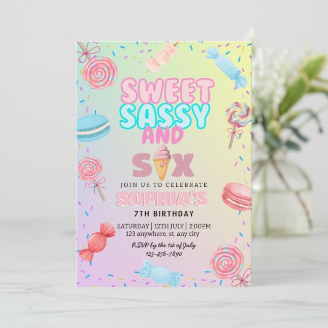 Invitation Sweet sassy & sept crème glacée et bonbon annivers (Debout devant)