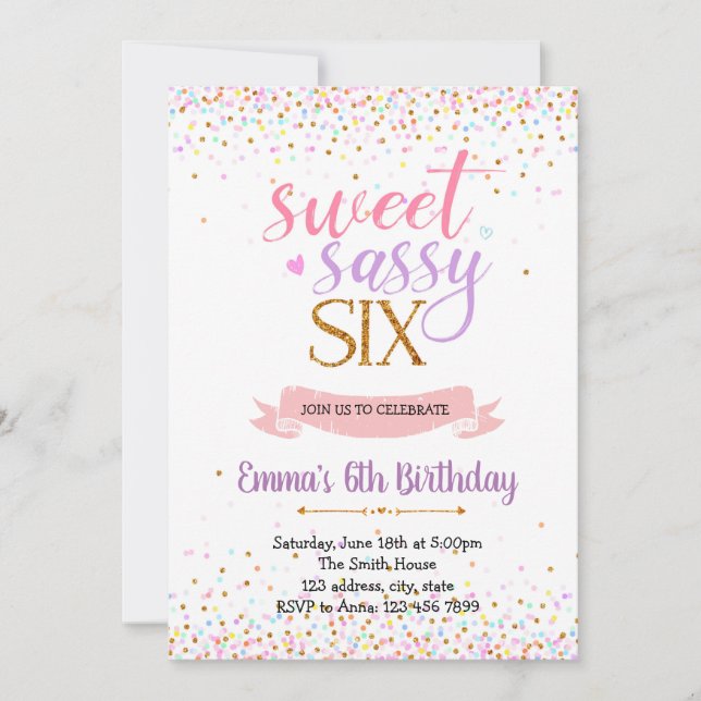 Invitation Sweet sassy six anniversaire thème de fête invitat (Devant)