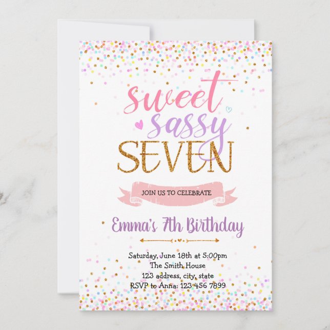 Invitation Sweet sassy thème de fête de sept ans (Devant)