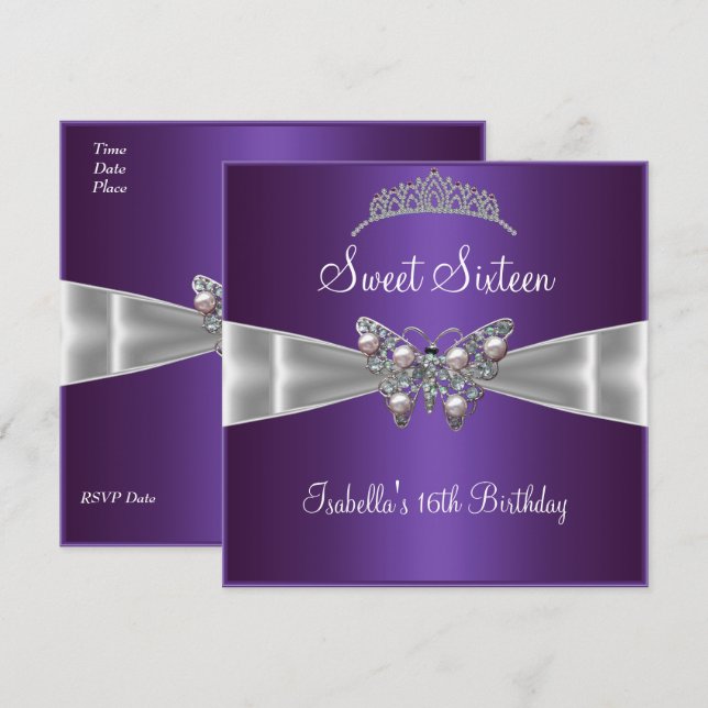 Invitation Sweet sixteen 16 Anniversaire Argent Bow pourpre T (Devant / Derrière)