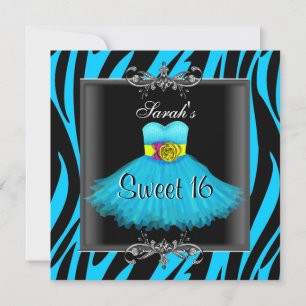 Invitation Sweet sixteen 16 Anniversaire Bleu Zèbre Robe noir