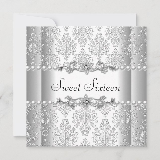 Invitation Sweet sixteen 16 Anniversaire de fête Argent blanc (Devant)