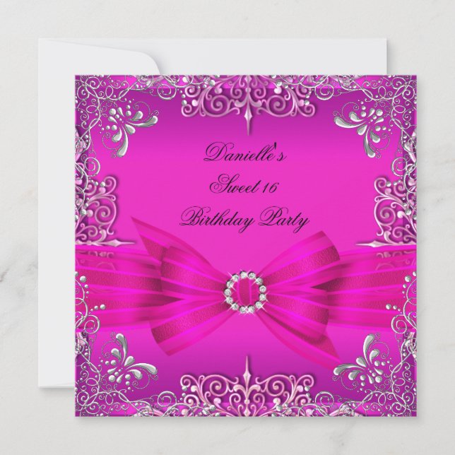 Invitation Sweet sixteen 16 Anniversaire fête Hot rose argent (Devant)