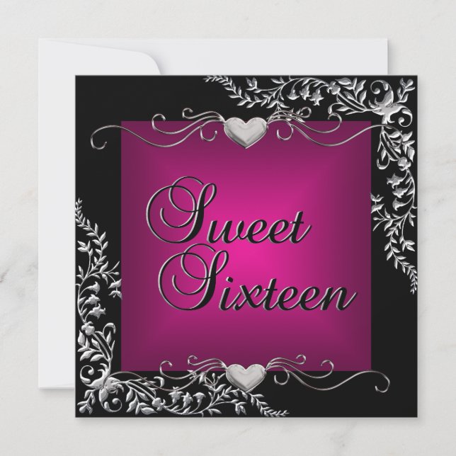 Invitation Sweet sixteen 16 Anniversaire Fête Noir Rose Argen (Devant)
