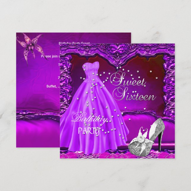Invitation Sweet sixteen 16 Anniversaire Fête Robe violette G (Devant / Derrière)