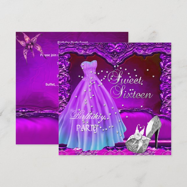 Invitation Sweet sixteen 16 Anniversaire Fête Robe violette G (Devant / Derrière)