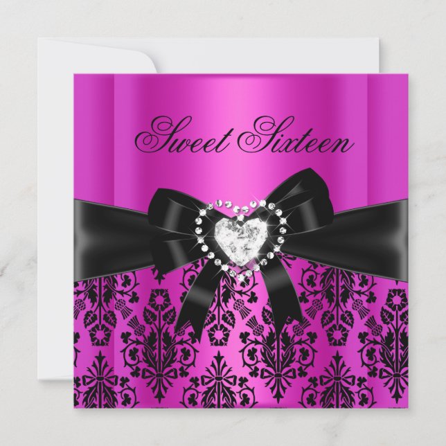 Invitation Sweet sixteen 16 Anniversaire Fête Rose Noir Damas (Devant)