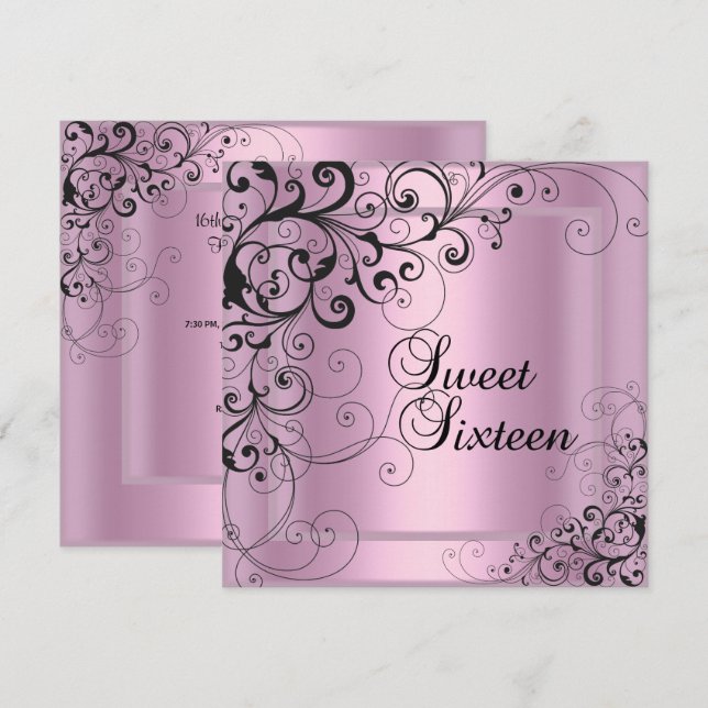 Invitation Sweet sixteen 16 Anniversaire Fête Rose Noir Flora (Devant / Derrière)