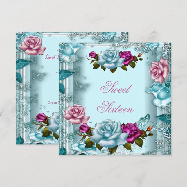 Invitation Sweet sixteen 16 Anniversaire fête Roses roses Tur (Devant / Derrière)