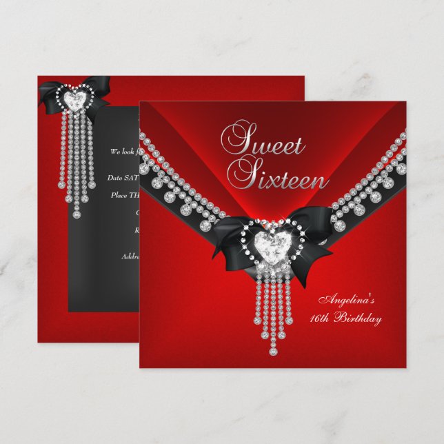 Invitation Sweet sixteen 16 Anniversaire Fête Rouge Diamant N (Devant / Derrière)