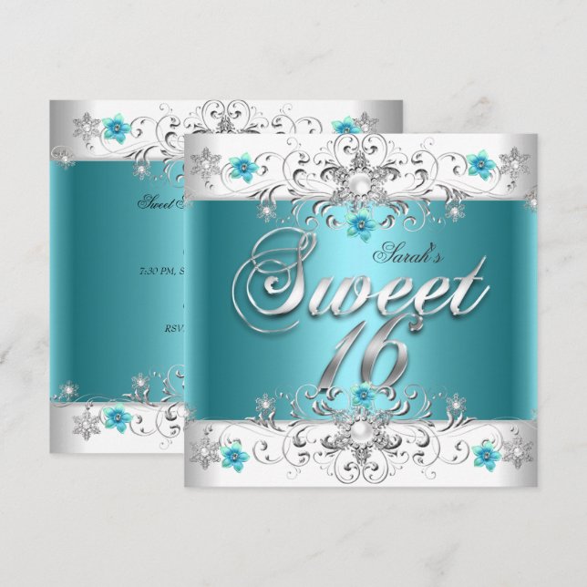 Invitation Sweet sixteen 16 Anniversaire fête Turquoise Diama (Devant / Derrière)