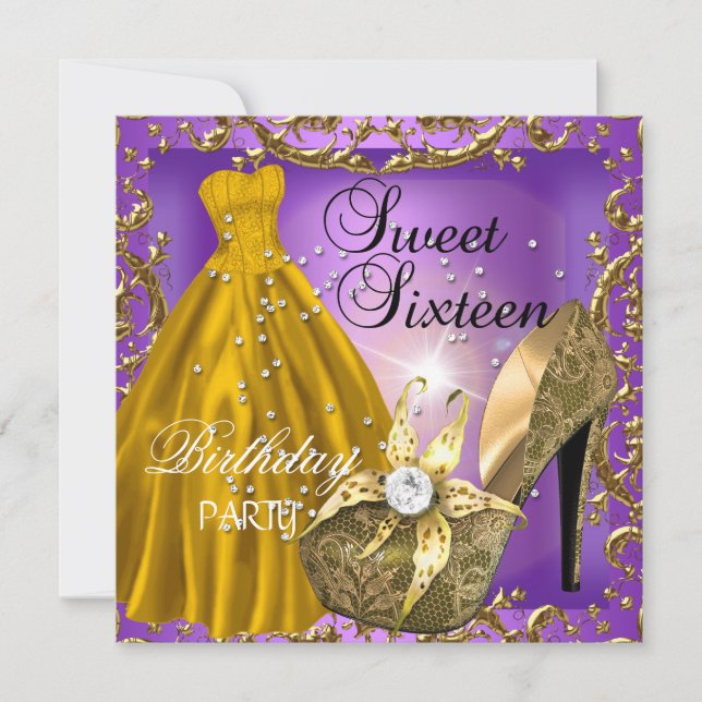 Invitation Sweet sixteen 16 Anniversaire Robe d'or violet (Devant)