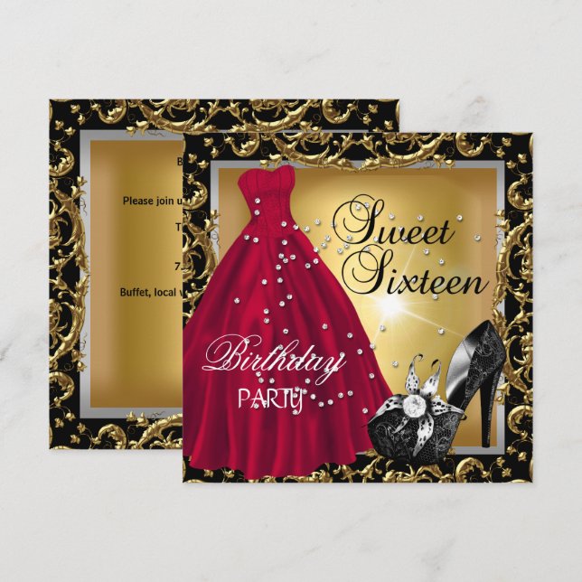 Invitation Sweet sixteen 16 Anniversaire Robe Rouge or (Devant / Derrière)
