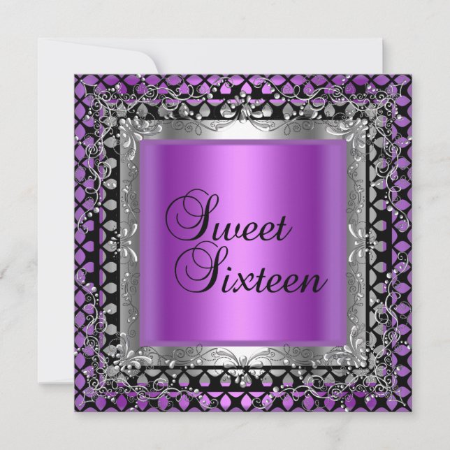 Invitation Sweet sixteen 16 Anniversaire rose violet argent (Devant)