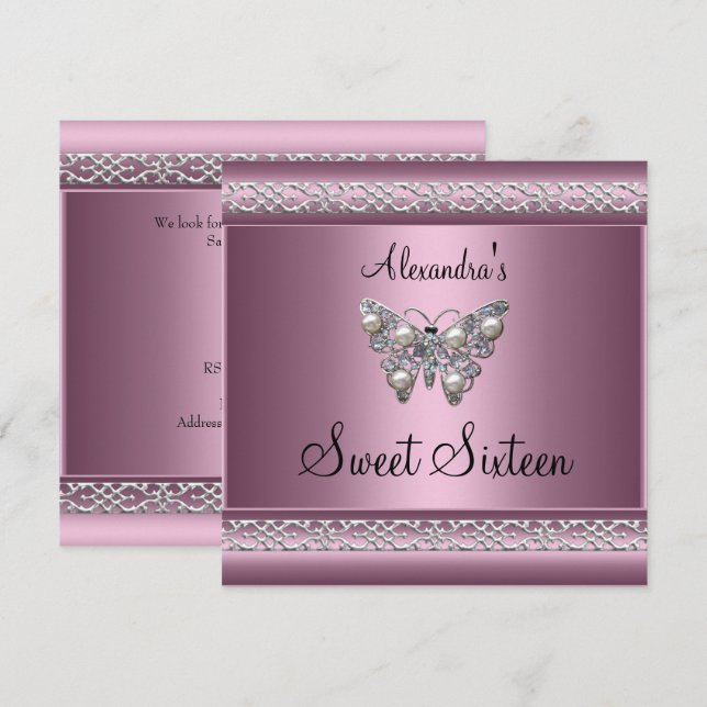 Invitation Sweet sixteen 16 Anniversaire Satin Rose Papillon (Devant / Derrière)