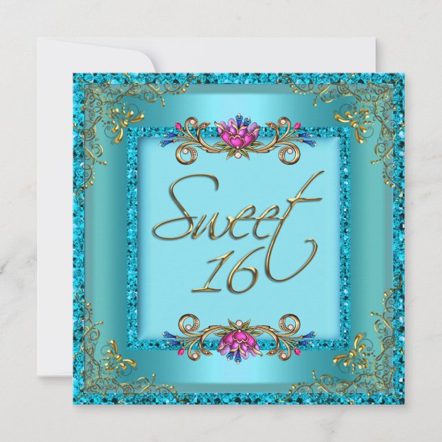 Invitation Sweet sixteen 16 Anniversaire Turquoise Blue Gold  (Devant)