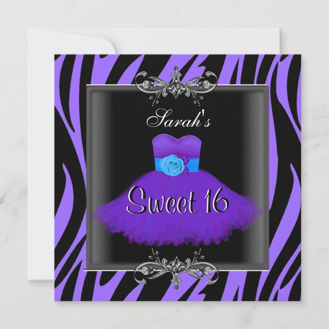 Invitation Sweet sixteen 16 Anniversaire Violet Zèbre Noir Ro (Devant)