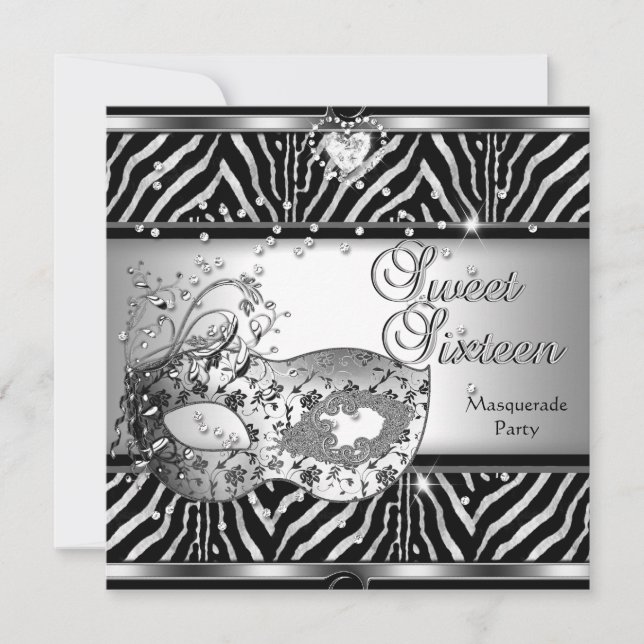 Invitation Sweet sixteen 16 Anniversaire Zebra Silver Mask (Devant)