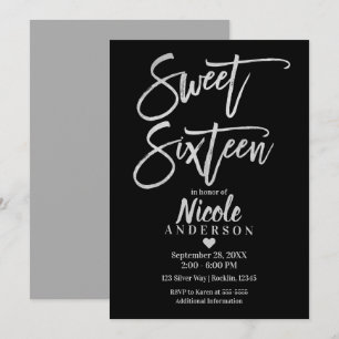 Invitation SWEET SIXTEEN 16 Argent Gris Feuille & Moderne Noi
