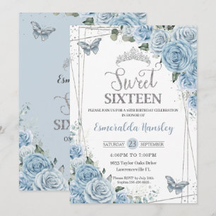 Invitation Sweet sixteen 16 Bébé Bleu papillons floraux 16e
