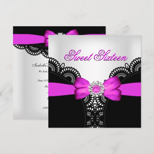 Invitation Sweet sixteen 16 Black Rose Hot Lace blanche (Devant / Derrière)