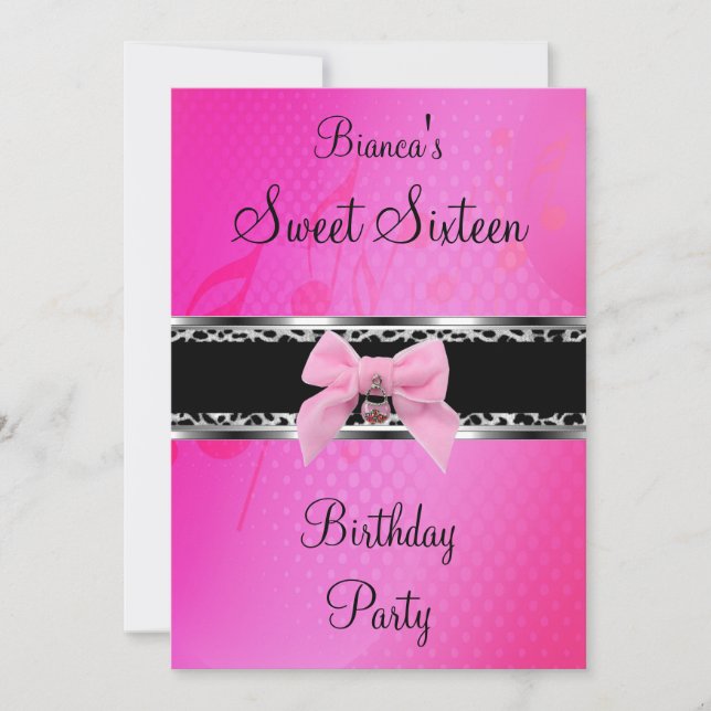 Invitation Sweet sixteen 16 Bow noir en argent rose (Devant)