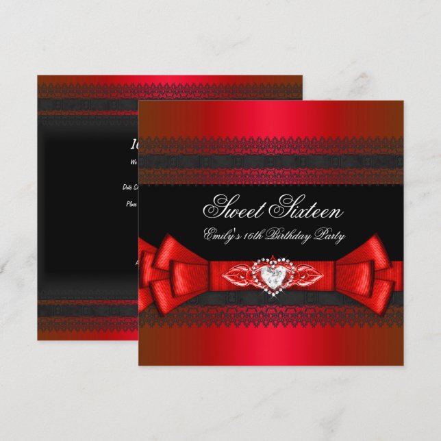 Invitation Sweet sixteen 16 Bow rouge noir diamant (Devant / Derrière)