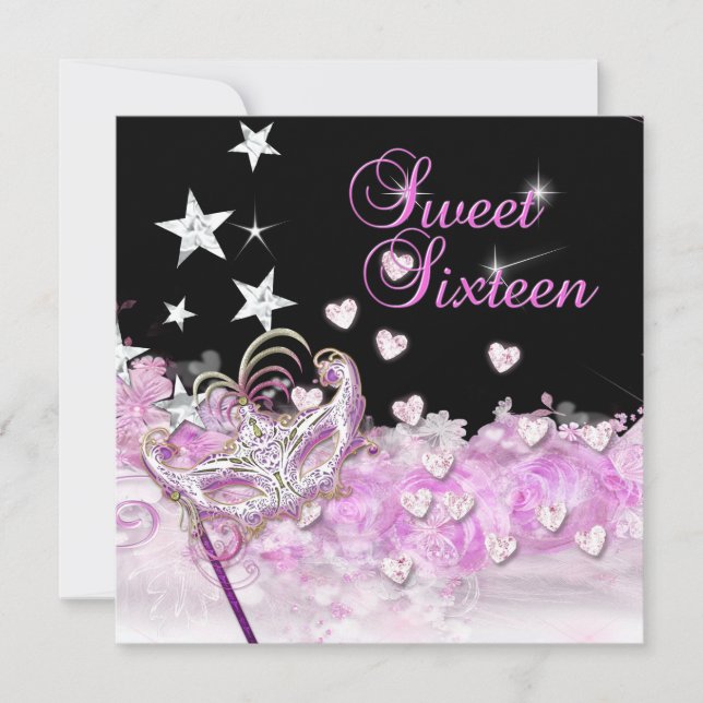 Invitation Sweet sixteen 16 Coeurs en Masque Rose Étoiles (Devant)