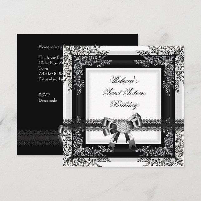 Invitation Sweet sixteen 16 dentelle blanche noire Diamant fl (Devant / Derrière)