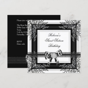 Invitation Sweet sixteen 16 dentelle blanche noire Diamant fl