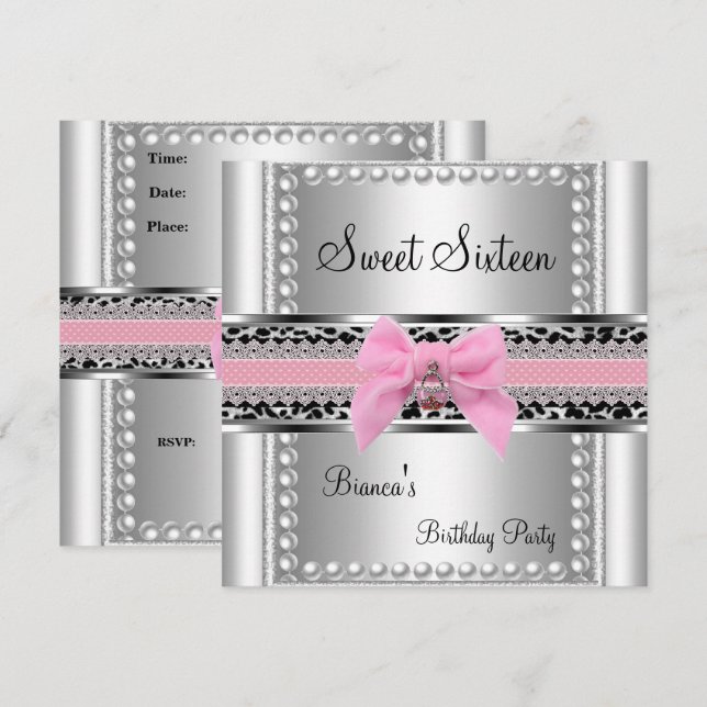 Invitation Sweet sixteen 16 Dentelle rose Perle d'argent Leop (Devant / Derrière)